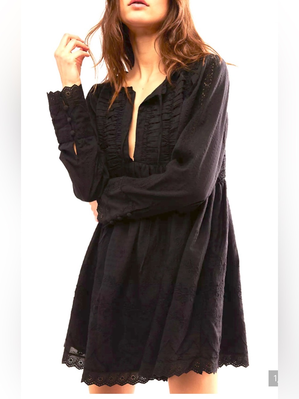 NEW FREE PEOPLE BLACK ODELIA BABYDOLL EMBROIDERED EYELET TRIM MINI DRESS SZ XS